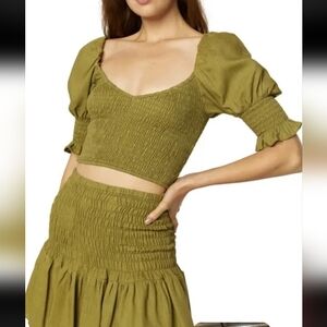 Misa Los Angeles Calla Smocked Crop Top + Skirt Puff Sleeves 2-PC Set XS NWT